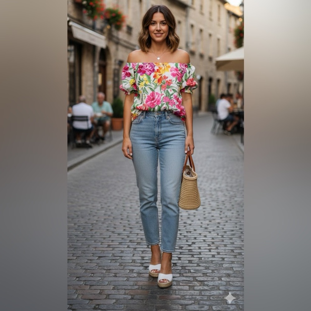 Unique Spectrum top plus size 2XL floral elastic short sleeve elastic boat neck